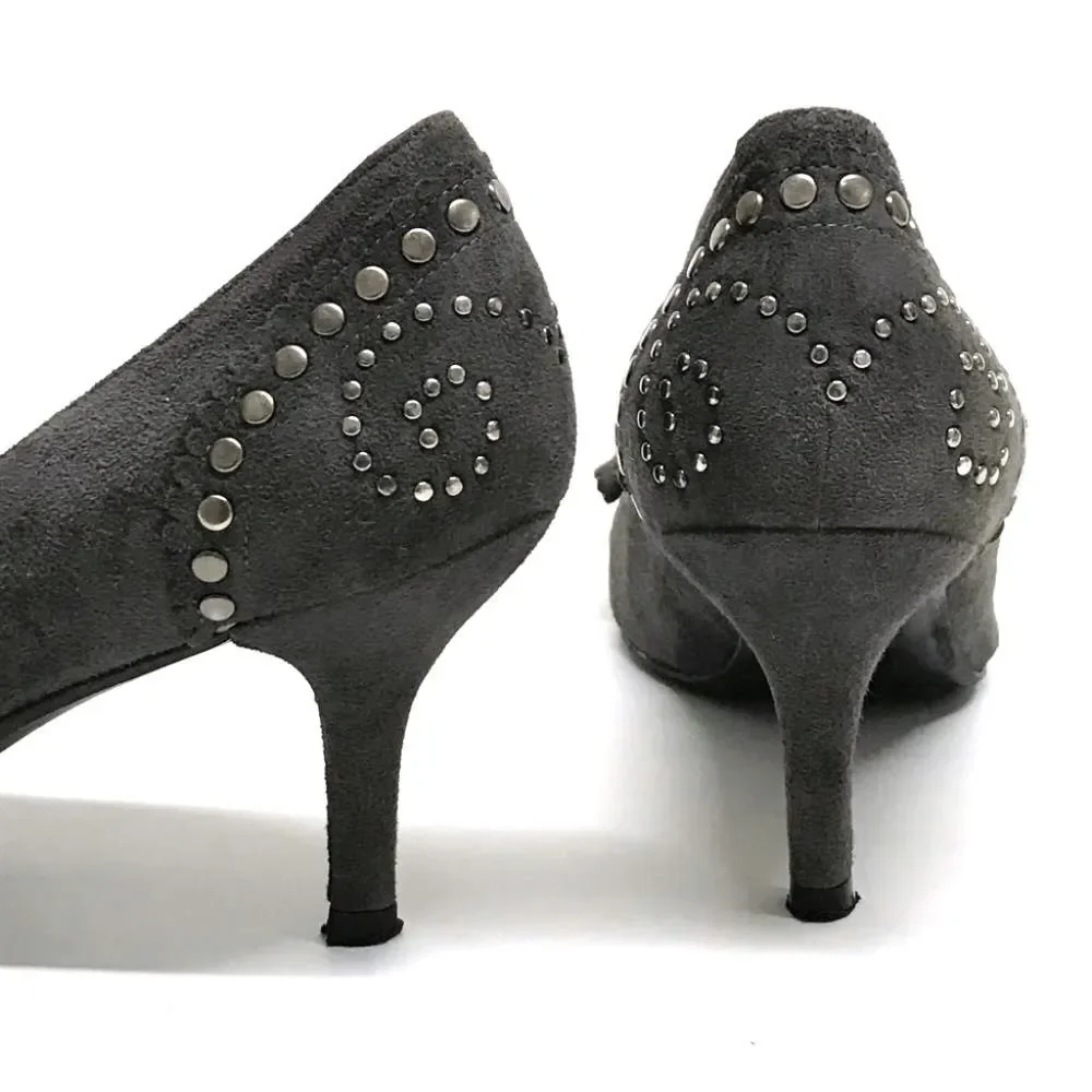 STUART WEITZMAN Gray Suede Leather Studded Pumps Heels with Bows 8N Y2K